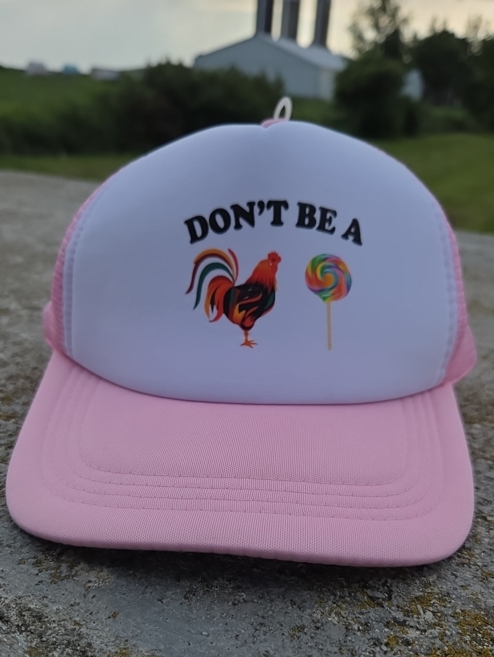 Pink Trucker Hat with Rooster & Lollipop Graphic
